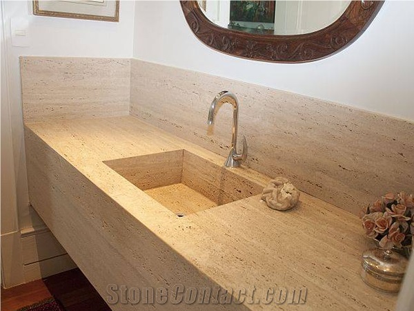 Travertino Romano Vein Cut Vanity Top with Wash Basin