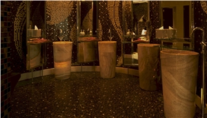 Glass Mosaic Wall, Translucent Honey Onyx Pedestal Basin Commercial Bathroom Design