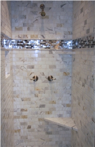 Calacatta Gold Marble and Glass Mosaic Shower Wall Aplication