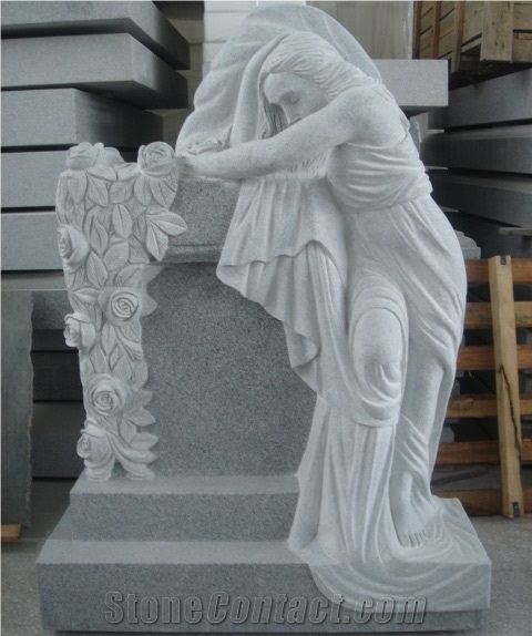 Grey Granite with White Marble Angel Monument & Tombstone