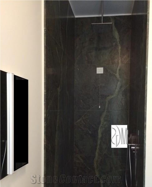 Shower Floor Designed with Verde Borgogna, Verde Borgogna Marble Bath Wall and Floor