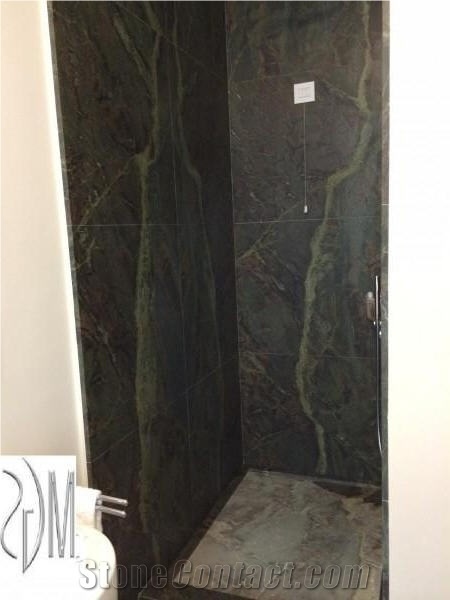 Shower Floor Designed with Verde Borgogna, Verde Borgogna Marble Bath Wall and Floor