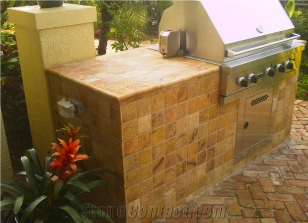 Yellow Travertine Tile and Stone Surrounding Grill