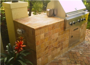 Yellow Travertine Tile and Stone Surrounding Grill