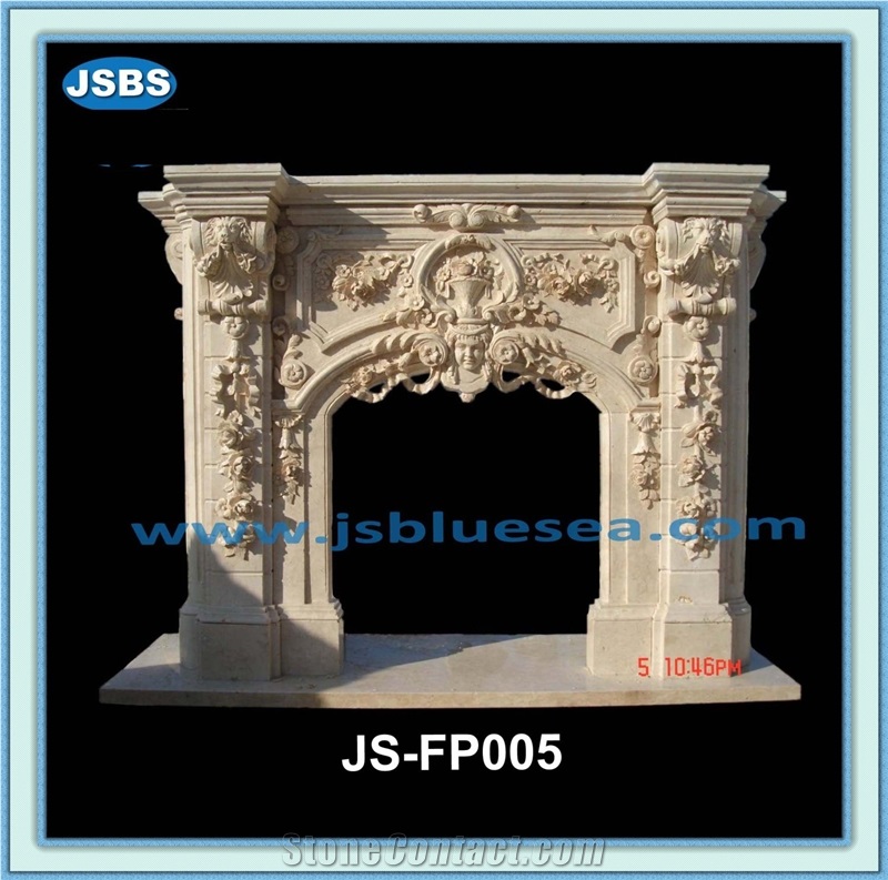 Flower Carving Marble Fireplace, Natural Beige Marble Fireplaces