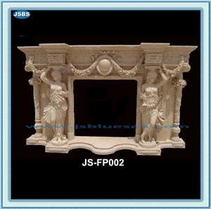 Hand Carved Indoor Marble Fireplace, Beige Marble Fireplaces