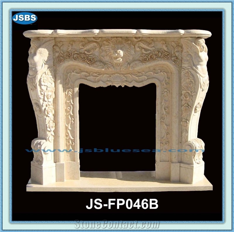 Hand Carved Indoor Marble Fireplace, Beige Marble Fireplaces