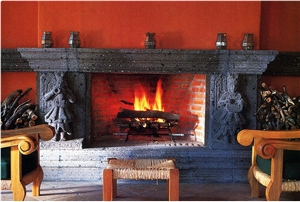 Negro Cantera Carved Fireplace