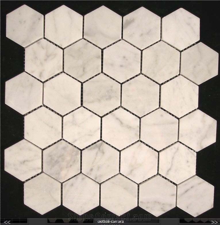 Ciottoli Carrara Marble Honeycomb Mosaic, Bianco Carrara White Marble Mosaic