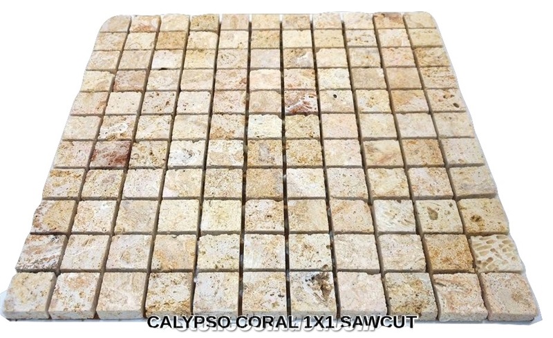 1" X 1" Mesh Mounted Calypso Coral Stone Mosaics (Dominican Coral Stone) Tiles, Calypso Coral Tumbled Mosaic Tiles