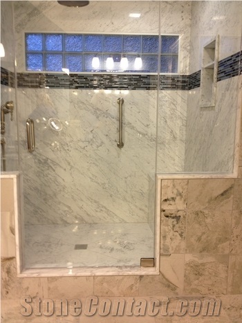 Cararra White Shower with Bench, Cararra White Marble Bath Design