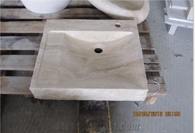 Beige and Yellow Travertine Under Counter Wash Basin, Countertop Round China Stone Sink, For Kitchen & Bathroom  