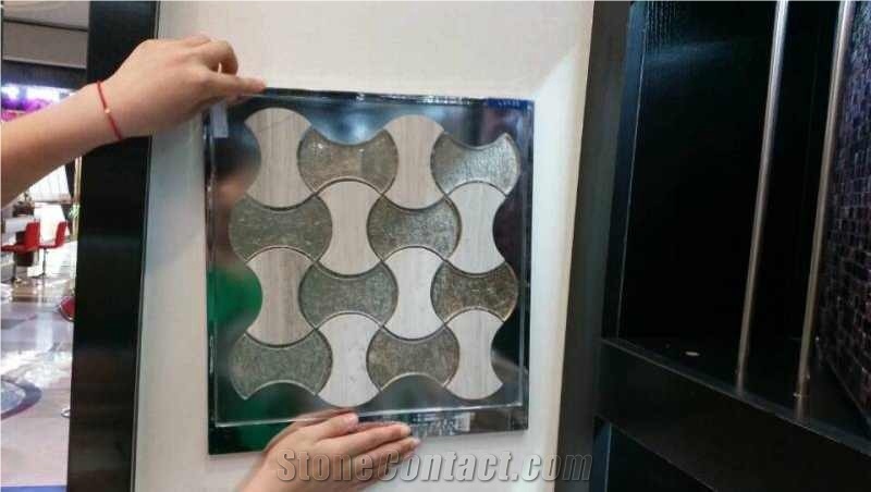 Grey Wooden Gain Marble Mixed Glass Mosaic Pattern