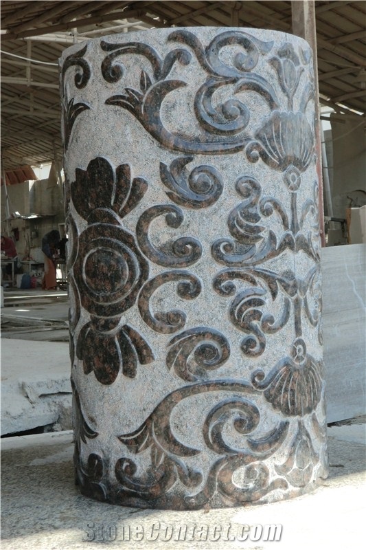 Tan Brown Granite Flower Carving Column
