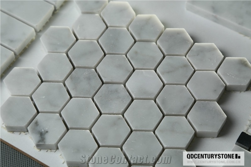 Bianco White Carrara Marble 1 Hexagon Bathroom Floor Mosaic Tiles