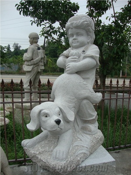 Ellest Iconology & Cartoon Sculpture & Statue, Handcarved Little Boy & Dog Sculpture,Natural Stone Carving,Scs003