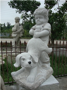 Ellest Iconology & Cartoon Sculpture & Statue, Handcarved Little Boy & Dog Sculpture,Natural Stone Carving,Scs003