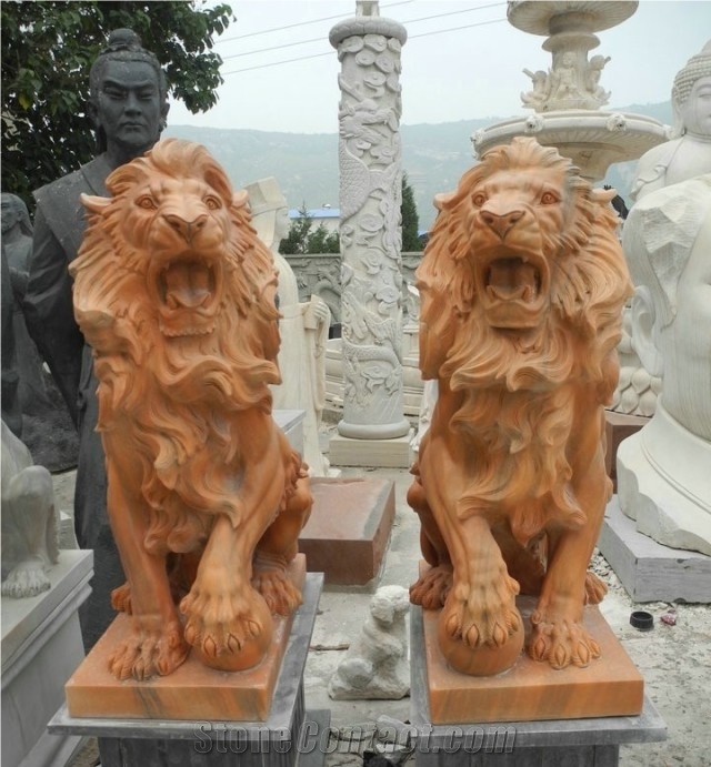 Wellest Animal Sculpture & Statue, Handcarved Gold Lion Sculpture,Sunset Red Marble Sculpture,Natural Stone Carving,Sas016