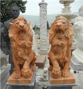 Wellest Animal Sculpture & Statue, Handcarved Gold Lion Sculpture,Sunset Red Marble Sculpture,Natural Stone Carving,Sas016