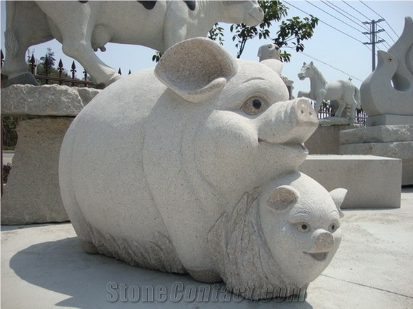 Wellest Animal Sculpture & Statue, Handcarved Grey Pig Sculpture,Grey Granite Sculpture,Natural Stone Carving,Sas002