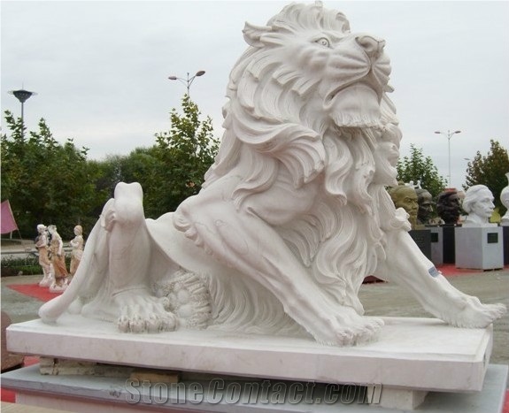 Wellest Animal Sculpture & Statue, Handcarved White Lion Sculpture,White Marble Sculpture,Natural Stone Carving,Sas004