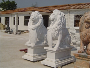 Wellest Animal Sculpture & Statue, Handcarved White Lion Sculpture,White Marble Sculpture,Natural Stone Carving,Sas007