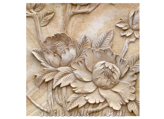 Wellest Beige Sandstone Carved Relief, Flower Embossment, Stone Etching,Decorative Artifacts & Handcrafts,Bc0017