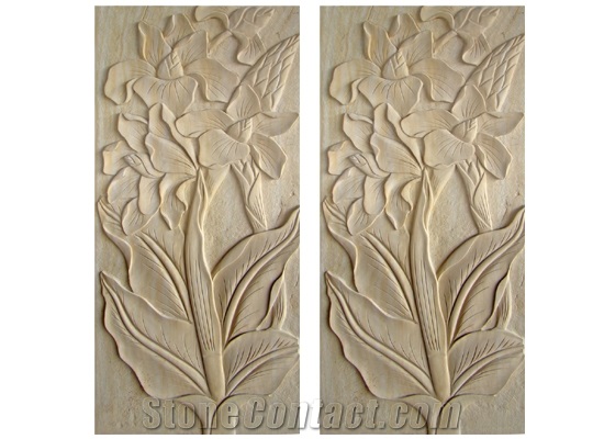Wellest Beige Sandstone Carved Relief, Flower Embossment, Stone Etching,Decorative Artifacts & Handcrafts,Bc005