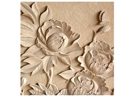 Wellest Beige Sandstone Carved Relief, Flower Embossment, Stone Etching,Decorative Artifacts & Handcrafts,Bc022