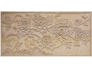 Wellest Beige Sandstone Carved Relief, Flower Embossment, Stone Etching,Decorative Artifacts & Handcrafts,Bc024