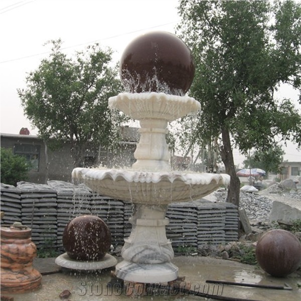 Wellest Exterior Water Spray White Marble Fountain,Garden Fountain,Carved Sculpture Fountain with Indian Red Granite Fortune Ball,Sfb023