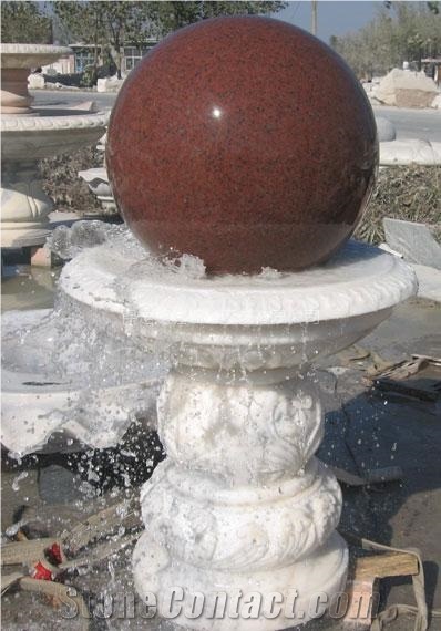 Wellest Exterior Water Spray White Marble Fountain,Garden Fountain,Carved Sculpture Fountain with Indian Red Granite Fortune Ball,Sfb025