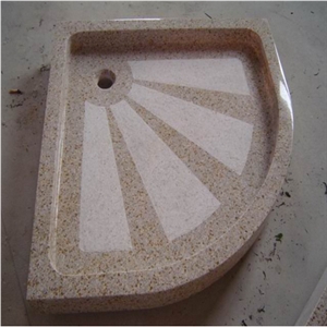 Wellest G682 Sunset Gold Rusty Yellow Granite Shower Base& Shower Tray,Fan Shape with Anti-Slip Lines Bath Accessories,Svs002