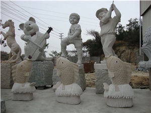 Wellest Iconology & Cartoon Sculpture & Statue, Handcarved Fish,Boys,Bear and Fiddle Sculpture,Natural Stone Carving,Scs001