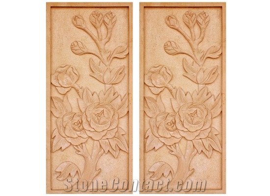 Wellest Yellow Sandstone Carved Relief, Flower Embossment, Stone Etching,Decorative Artifacts&Handcrafts,Bc003