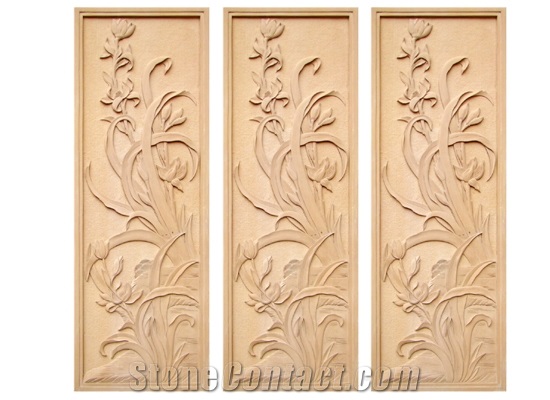 Wellest Yellow Sandstone Carved Relief, Flower Embossment, Stone Etching,Decorative Artifacts&Handcrafts,Bc007