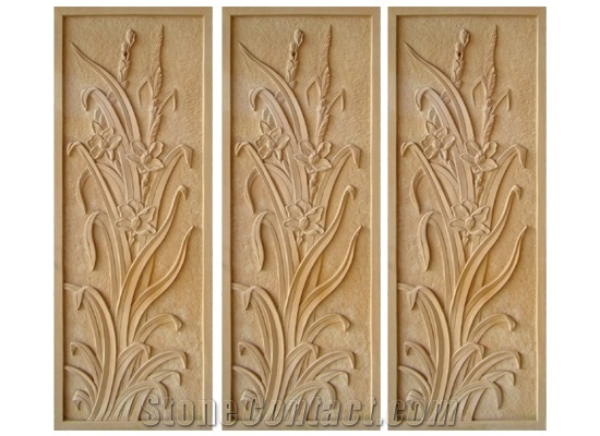 Wellest Yellow Sandstone Carved Relief, Flower Embossment, Stone Etching,Decorative Artifacts&Handcrafts,Bc010