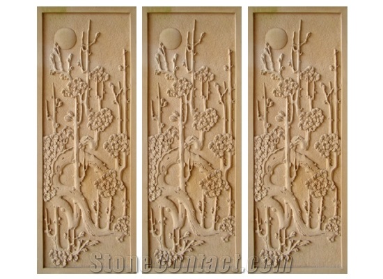 Wellest Yellow Sandstone Carved Relief, Flower Embossment, Stone Etching,Decorative Artifacts&Handcrafts,Bc011