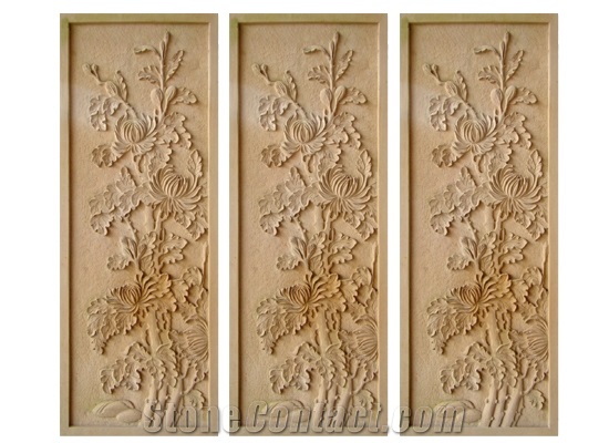 Wellest Yellow Sandstone Carved Relief, Flower Embossment, Stone Etching,Decorative Artifacts&Handcrafts,Bc012