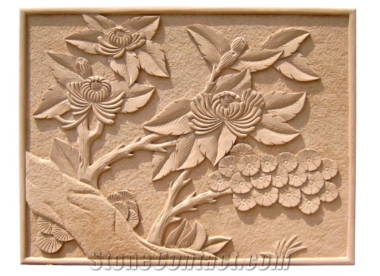 Wellest Yellow Sandstone Carved Relief, Flower Embossment, Stone Etching,Decorative Artifacts&Handcrafts,Bc016