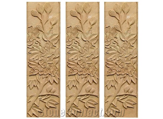 Wellest Yellow Sandstone Carved Relief, Flower Embossment, Stone Etching,Decorative Artifacts&Handcrafts,Bc019