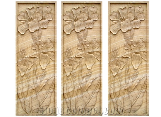 Wellest Yellow Wood Beige Sandstone Carved Relief, Flower Embossment, Stone Etching,Decorative Artifacts & Handcrafts,Bc002
