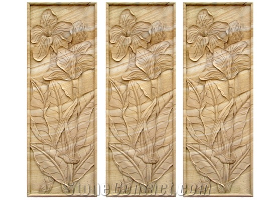 Wellest Yellow Wood Beige Sandstone Carved Relief, Flower Embossment, Stone Etching,Decorative Artifacts & Handcrafts,Bc014
