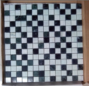 Checker 1" Green Marble W/ Cream Marfil Mosaic Tile, Indian Green W/ Cream Marfil Marble Mosaic