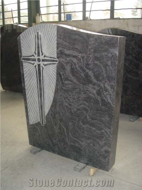 Bahama Blue Carved Granite Tombstone, Cross Carving Headstone