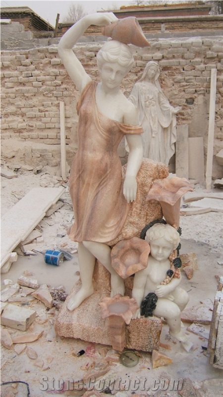 beautiful garden sculptures,human stone carving,woman & child with shells sculpture