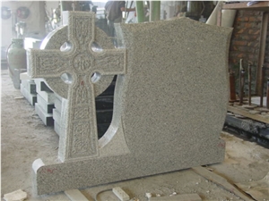 Beige Granite Irish Headstone with Celtic Cross, Beige Cross Engraving