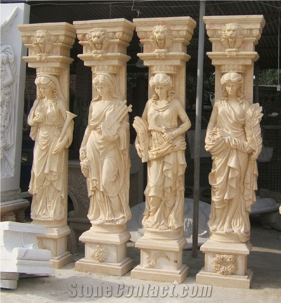Beige Travertine Columns Roman Pillars Human Figures Hand Beige Travertine Columns Roman Pillars Human Figures Hand Carved