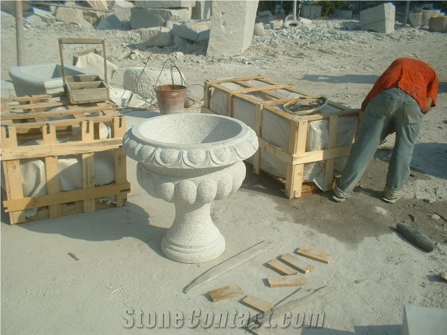 Carved Grey Granite Flowerpot
