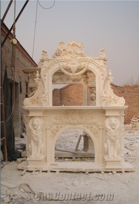 Carving Lion White Marble Fireplace Mantel